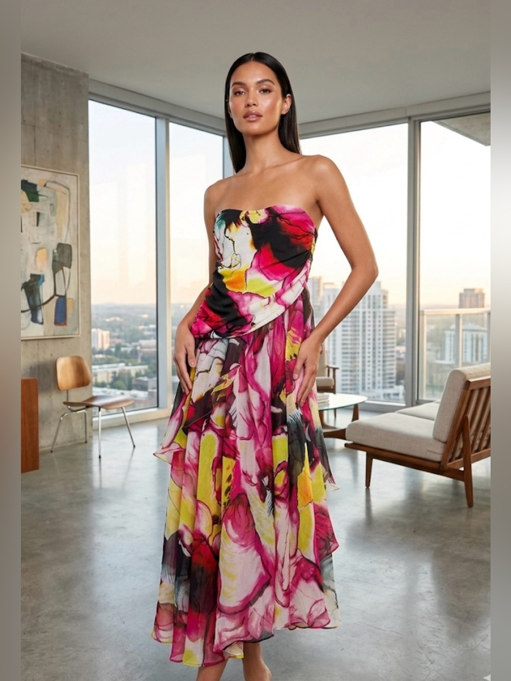 Love, Highlight Floral Print Strapless Ruffled Midi Dress  in Fuchsia Multi M